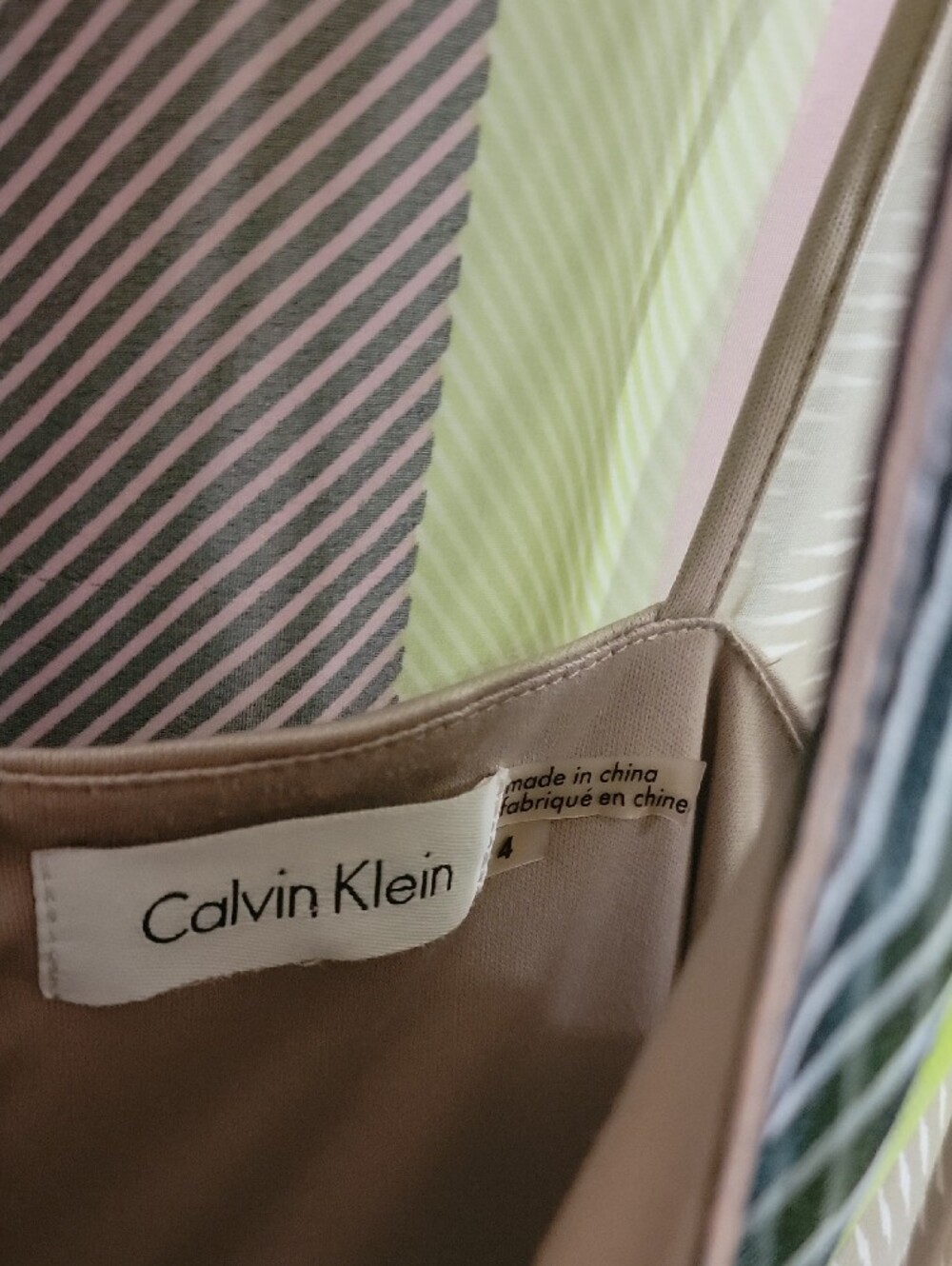 Calvin Klein Striped V-Neck Midi Dress in Lime, Mint & Neutral - Picture 2 of 4